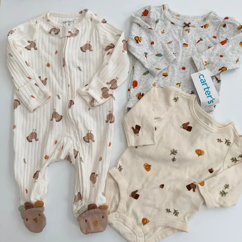 3x Carter’s thanksgiving long sleeve onesie zip footie pj pie pumpkin turkey